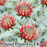 Coral Protea Flowers on Soft Mint Background Seamless Botanical Pattern Digital Print Fabric by the Metre UK Sewing Quilting Textile