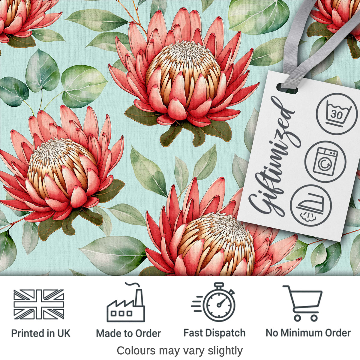 Coral Protea Flowers on Soft Mint Background Seamless Botanical Pattern Digital Print Fabric by the Metre UK Sewing Quilting Textile