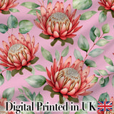 Coral Protea Flowers on Rose Pink Background Seamless Botanical Pattern Digital Print Fabric by the Metre UK Sewing Quilting Textile