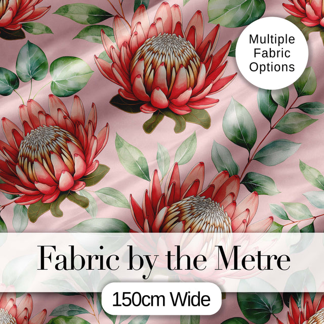 Coral Protea Flowers on Warm Nude Background Seamless Botanical Pattern Digital Print Fabric by the Metre UK Sewing Quilting Textile