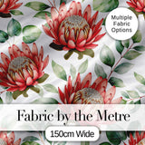 Coral Protea Flowers on Light Grey Background Seamless Botanical Pattern Digital Print Fabric by the Metre UK Sewing Quilting Textile
