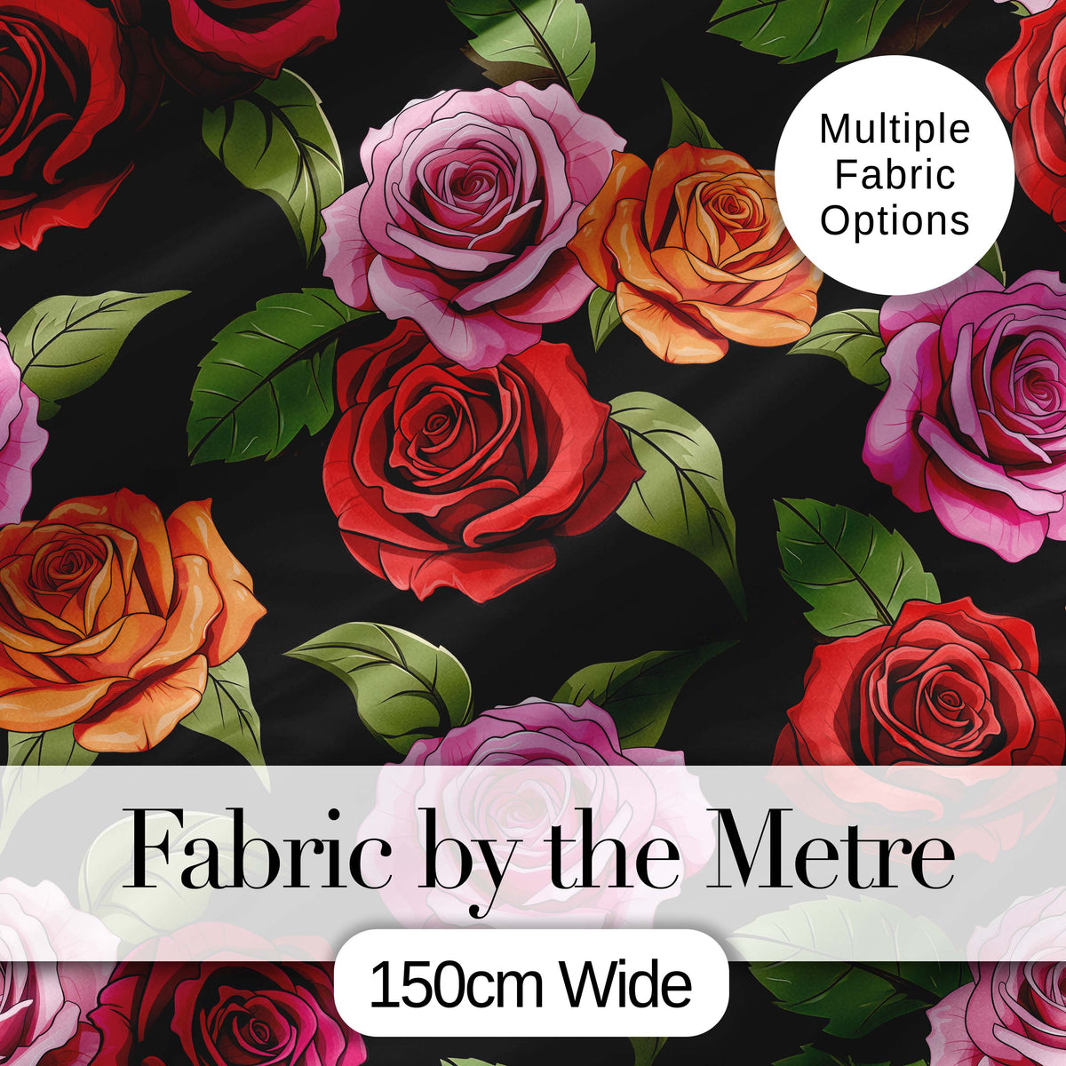Colorful Roses on Black Background Seamless Floral Pattern Digital Print Fabric by the Metre UK Sewing Quilting Textile