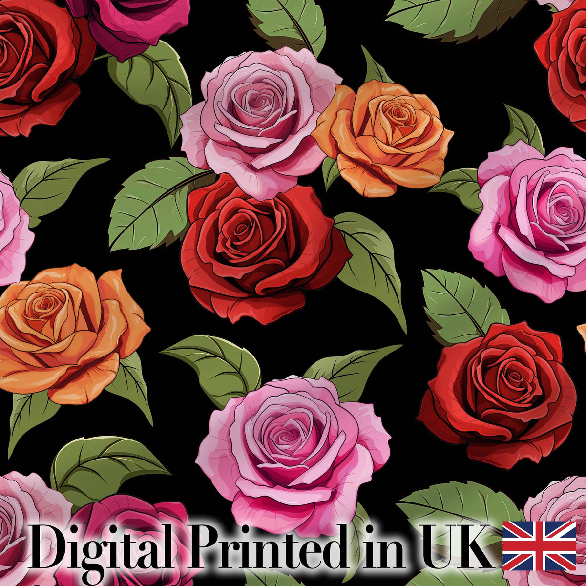 Colorful Roses on Black Background Seamless Floral Pattern Digital Print Fabric by the Metre UK Sewing Quilting Textile