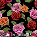 Colorful Roses on Black Background Seamless Floral Pattern Digital Print Fabric by the Metre UK Sewing Quilting Textile