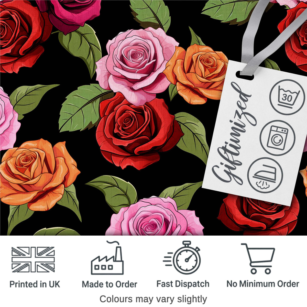 Colorful Roses on Black Background Seamless Floral Pattern Digital Print Fabric by the Metre UK Sewing Quilting Textile