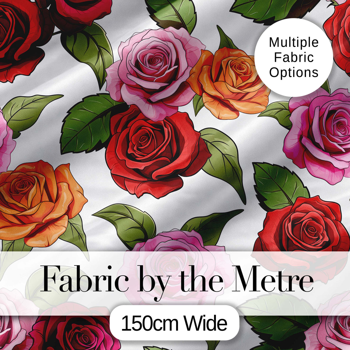 Colorful Roses on Light Grey Background Seamless Floral Pattern Digital Print Fabric by the Metre UK Sewing Quilting Textile
