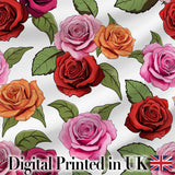 Colorful Roses on Light Grey Background Seamless Floral Pattern Digital Print Fabric by the Metre UK Sewing Quilting Textile