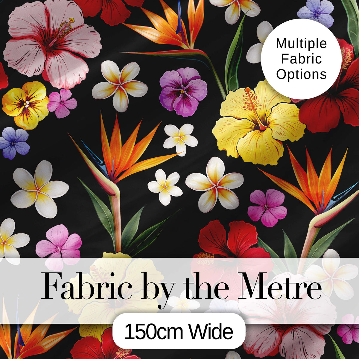 Tropical Hibiscus Bird of Paradise Seamless Pattern Black Background Digital Print Fabric by the Metre UK Sewing Quilting Textile