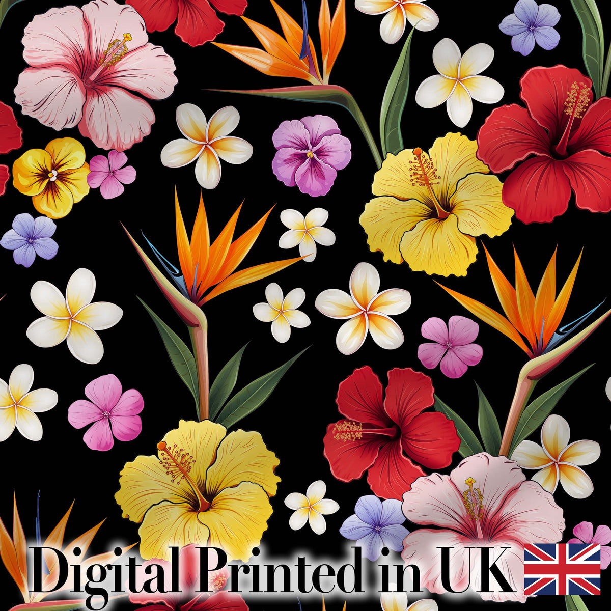 Tropical Hibiscus Bird of Paradise Seamless Pattern Black Background Digital Print Fabric by the Metre UK Sewing Quilting Textile
