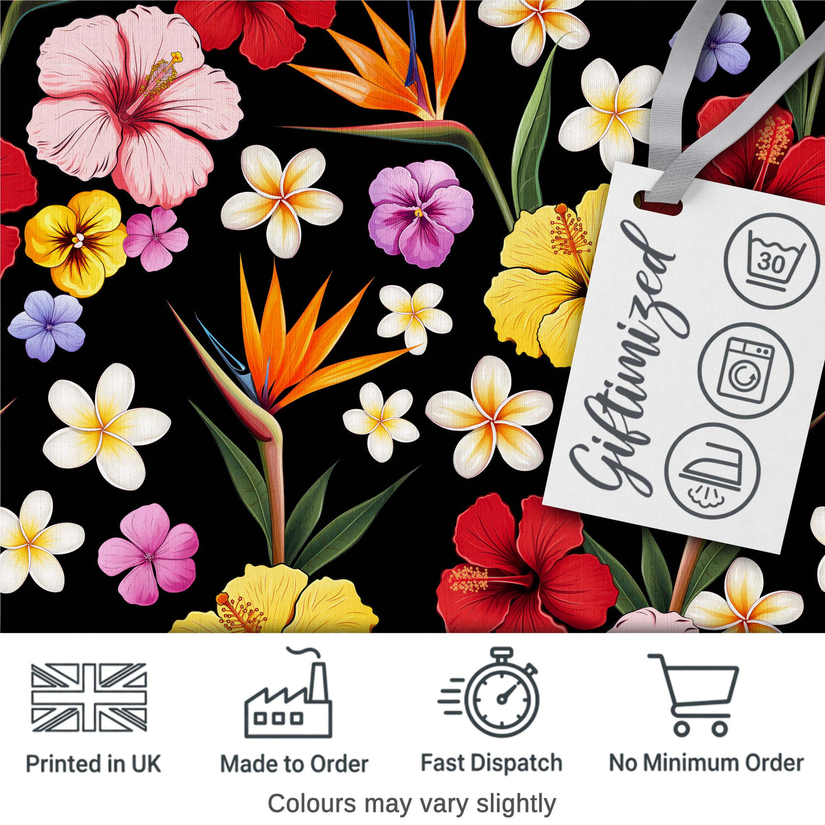 Tropical Hibiscus Bird of Paradise Seamless Pattern Black Background Digital Print Fabric by the Metre UK Sewing Quilting Textile