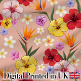 Tropical Hibiscus Bird of Paradise Seamless Pattern Peach Background Digital Print Fabric by the Metre UK Sewing Quilting Textile