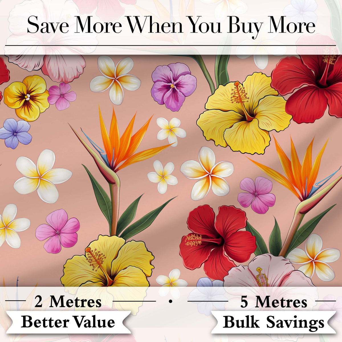 Tropical Hibiscus Bird of Paradise Seamless Pattern Peach Background Digital Print Fabric by the Metre UK Sewing Quilting Textile
