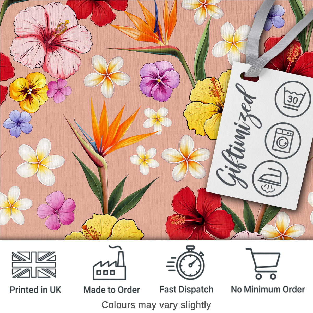 Tropical Hibiscus Bird of Paradise Seamless Pattern Peach Background Digital Print Fabric by the Metre UK Sewing Quilting Textile