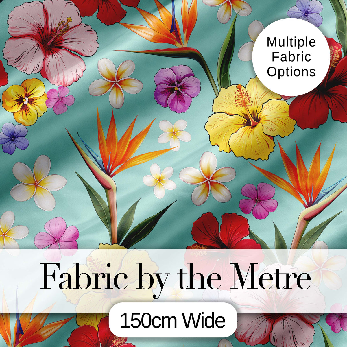 Tropical Hibiscus Bird of Paradise Seamless Pattern Teal Background Digital Print Fabric by the Metre UK Sewing Quilting Textile