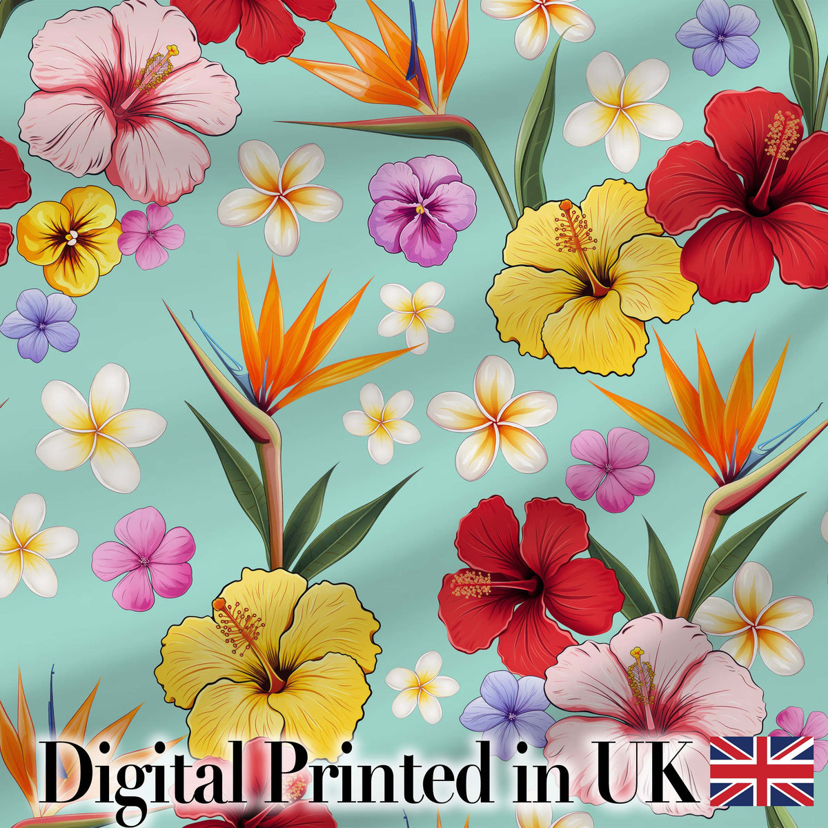 Tropical Hibiscus Bird of Paradise Seamless Pattern Teal Background Digital Print Fabric by the Metre UK Sewing Quilting Textile