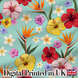 Tropical Hibiscus Bird of Paradise Seamless Pattern Teal Background Digital Print Fabric by the Metre UK Sewing Quilting Textile