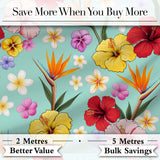 Tropical Hibiscus Bird of Paradise Seamless Pattern Teal Background Digital Print Fabric by the Metre UK Sewing Quilting Textile