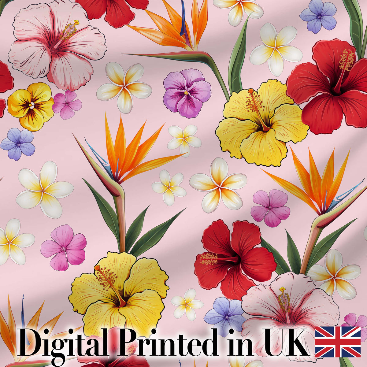 Tropical Hibiscus Bird of Paradise Seamless Pattern Pink Background Digital Print Fabric by the Metre UK Sewing Quilting Textile