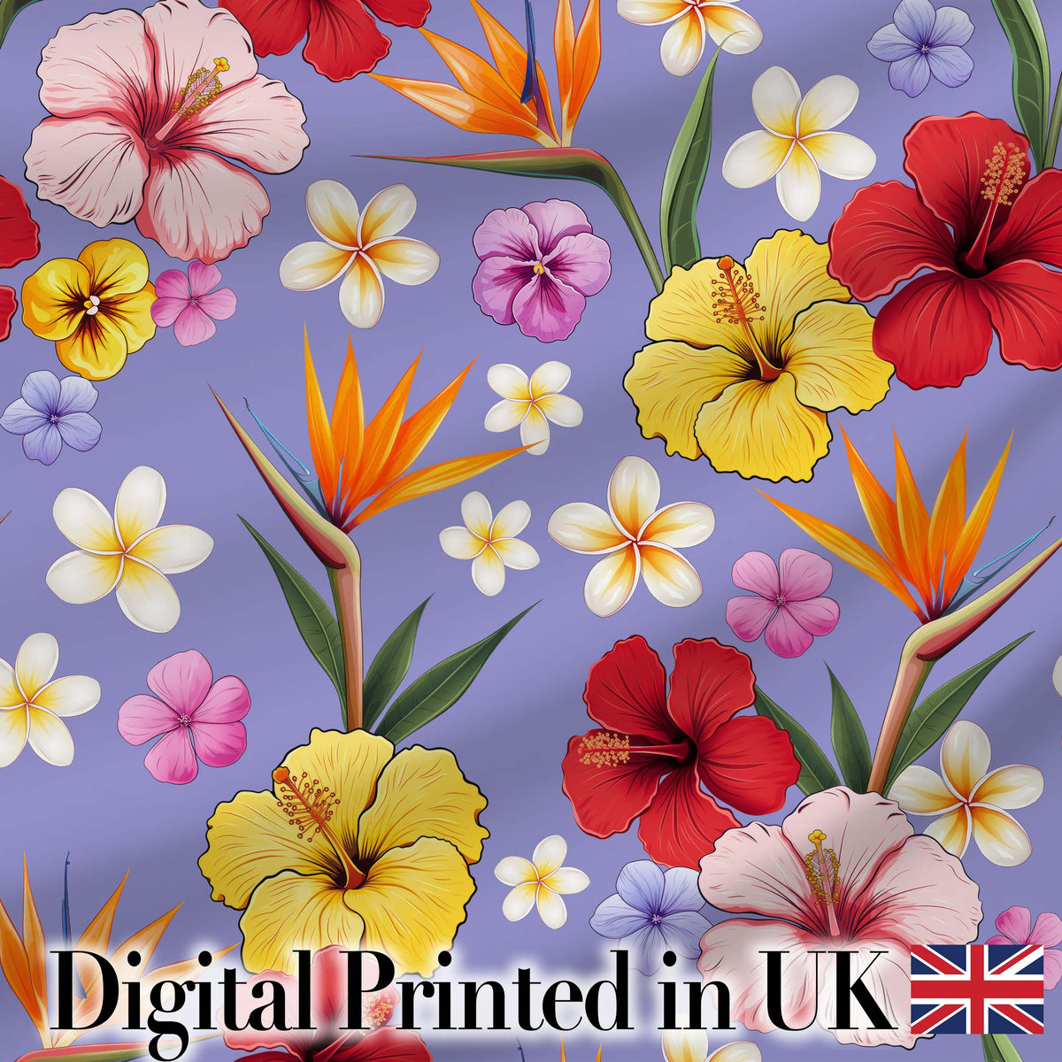 Tropical Hibiscus Bird of Paradise Seamless Pattern Purple Background Digital Print Fabric by the Metre UK Sewing Quilting Textile