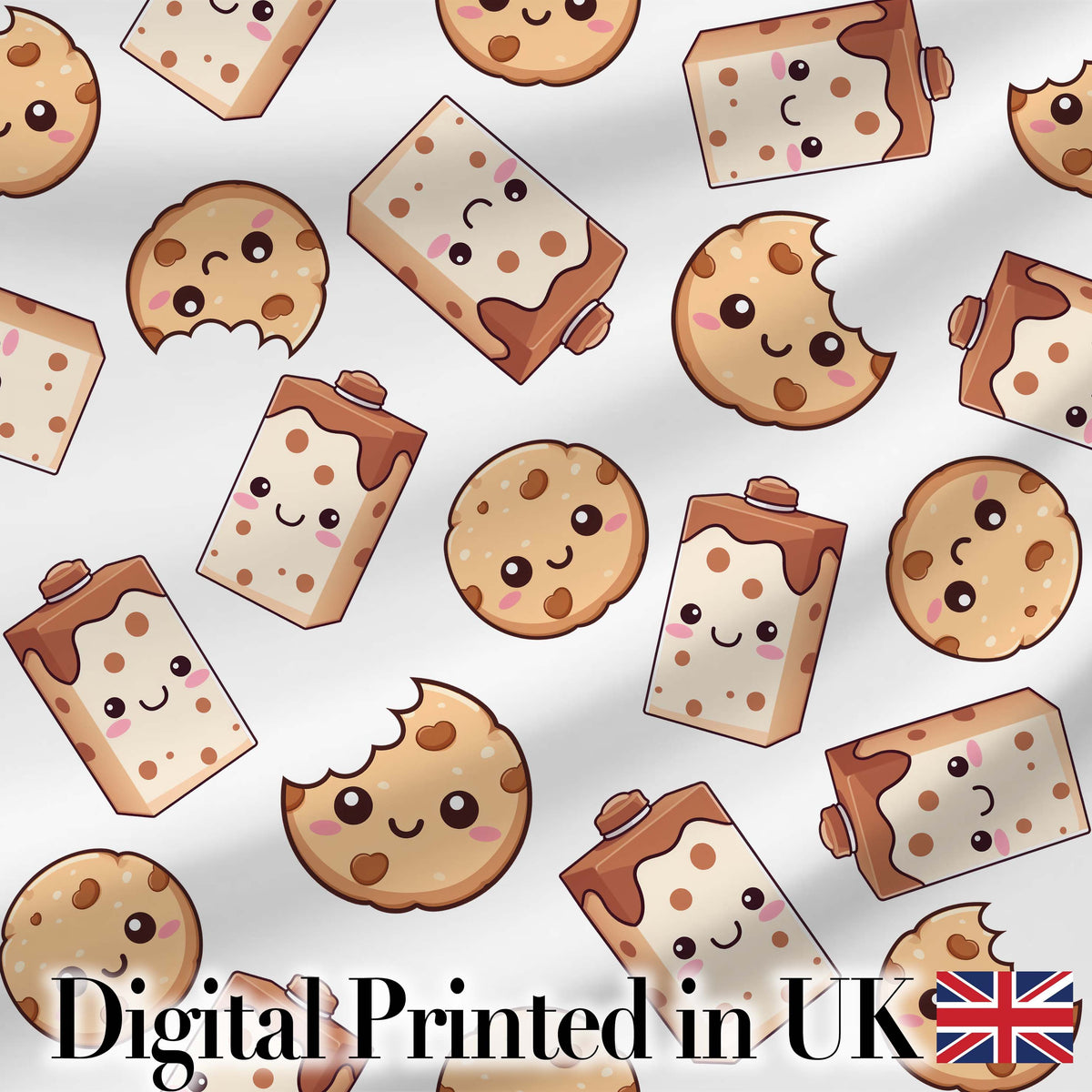 Cute Kawaii Cookies and Milk Seamless Pattern Sweet Treats Digital Print Fabric by the Metre UK Sewing Quilting Textile