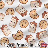 Cute Kawaii Cookies and Milk Seamless Pattern Sweet Treats Digital Print Fabric by the Metre UK Sewing Quilting Textile