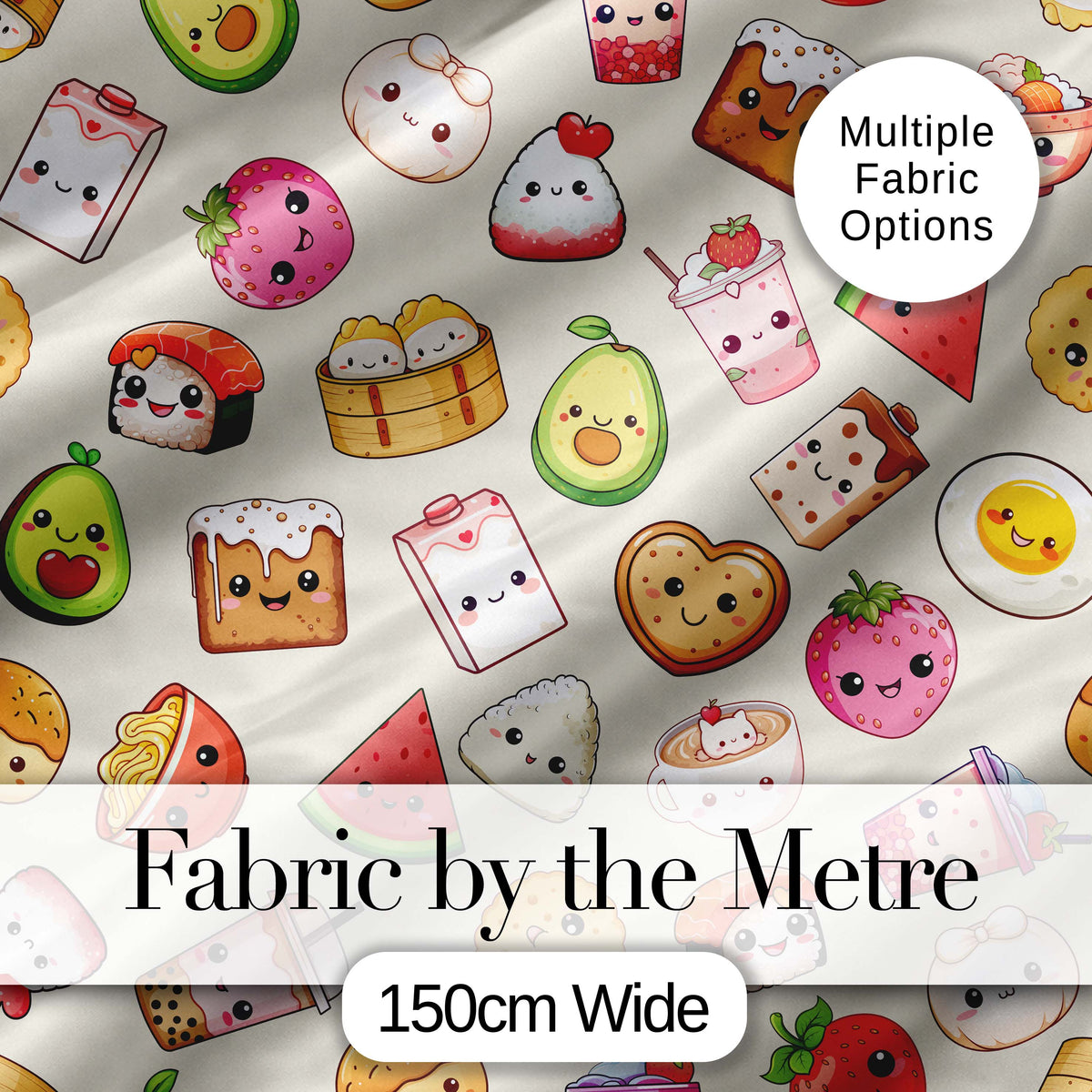 Cute Kawaii Food Characters Seamless Pattern Neutral Background Fun Snacks Digital Print Fabric by the Metre UK Sewing Quilting Textile