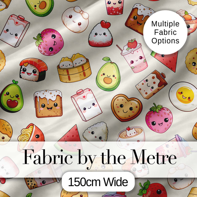 Cute Kawaii Food Characters Seamless Pattern Neutral Background Fun Snacks Digital Print Fabric by the Metre UK Sewing Quilting Textile