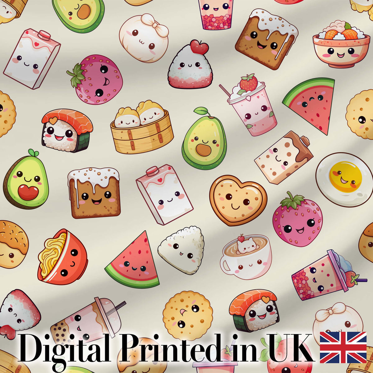 Cute Kawaii Food Characters Seamless Pattern Neutral Background Fun Snacks Digital Print Fabric by the Metre UK Sewing Quilting Textile