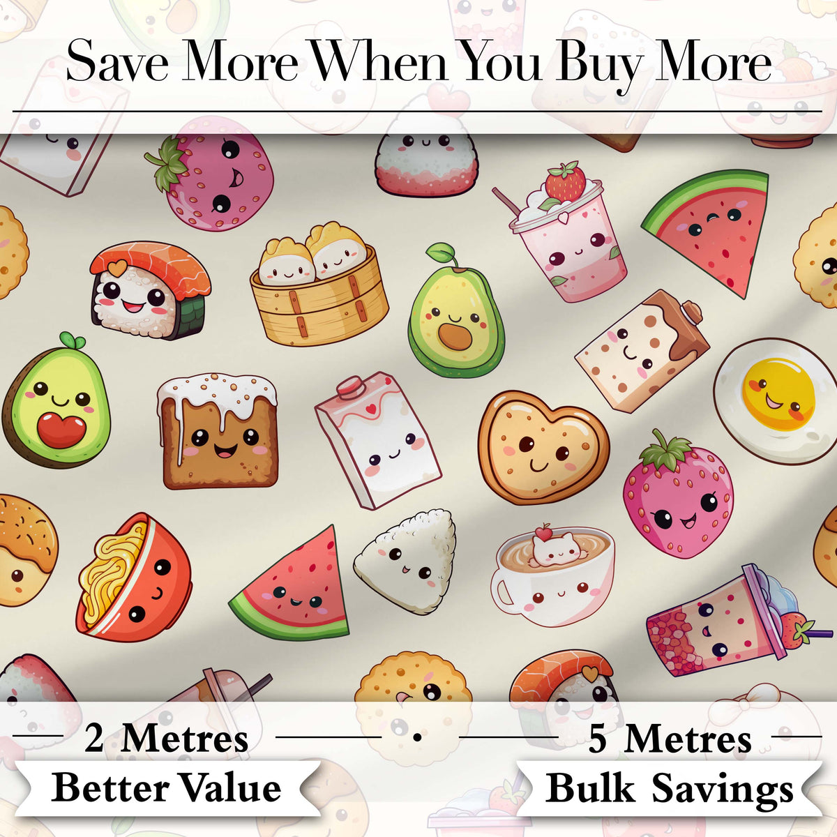 Cute Kawaii Food Characters Seamless Pattern Neutral Background Fun Snacks Digital Print Fabric by the Metre UK Sewing Quilting Textile