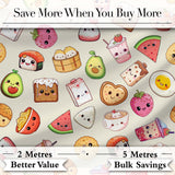 Cute Kawaii Food Characters Seamless Pattern Neutral Background Fun Snacks Digital Print Fabric by the Metre UK Sewing Quilting Textile