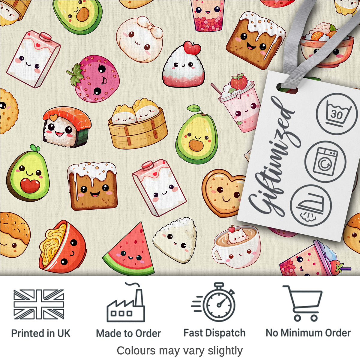 Cute Kawaii Food Characters Seamless Pattern Neutral Background Fun Snacks Digital Print Fabric by the Metre UK Sewing Quilting Textile