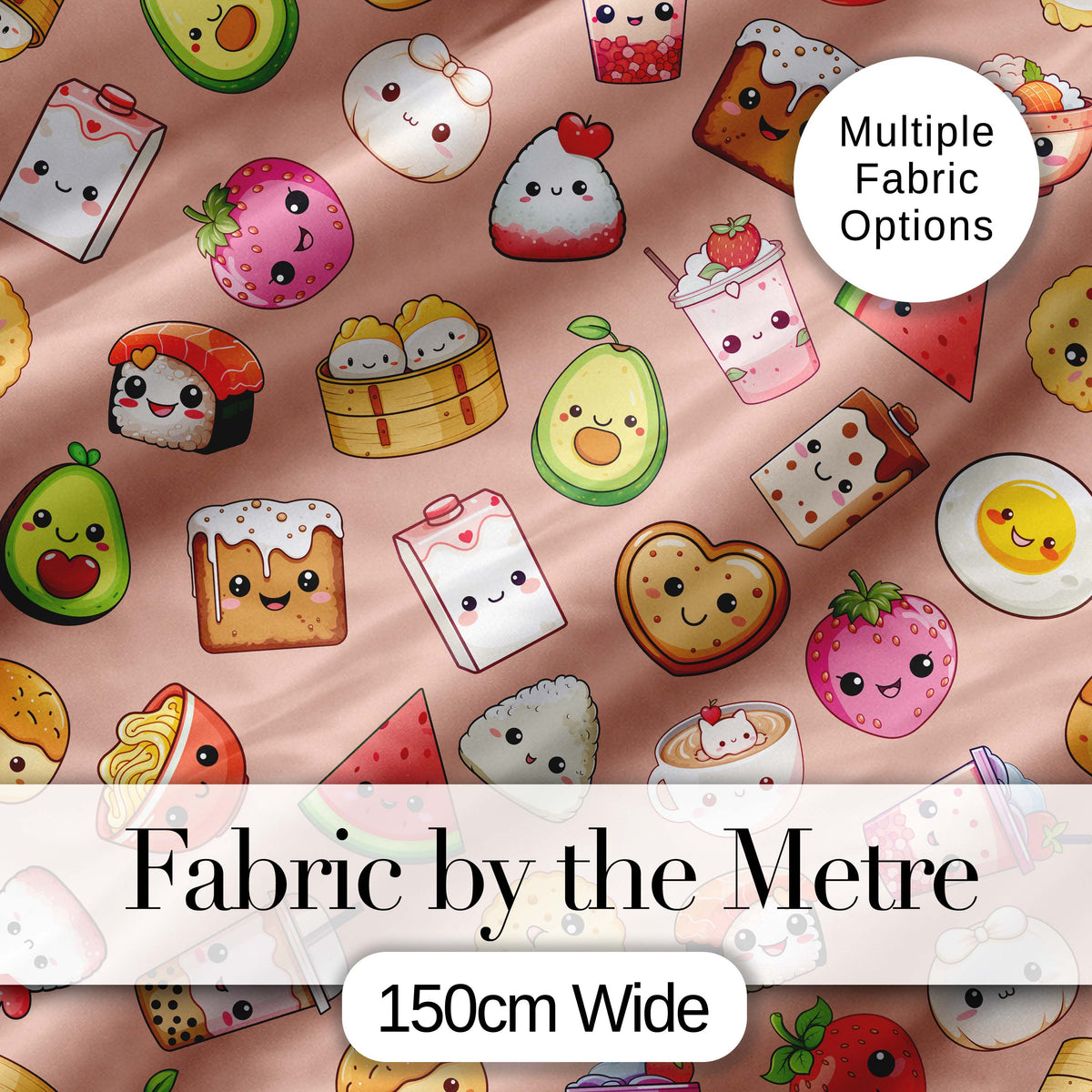 Cute Kawaii Food Characters Seamless Pattern Peach Background Fun Snacks Digital Print Fabric by the Metre UK Sewing Quilting Textile