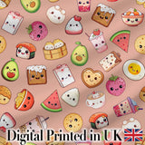 Cute Kawaii Food Characters Seamless Pattern Peach Background Fun Snacks Digital Print Fabric by the Metre UK Sewing Quilting Textile