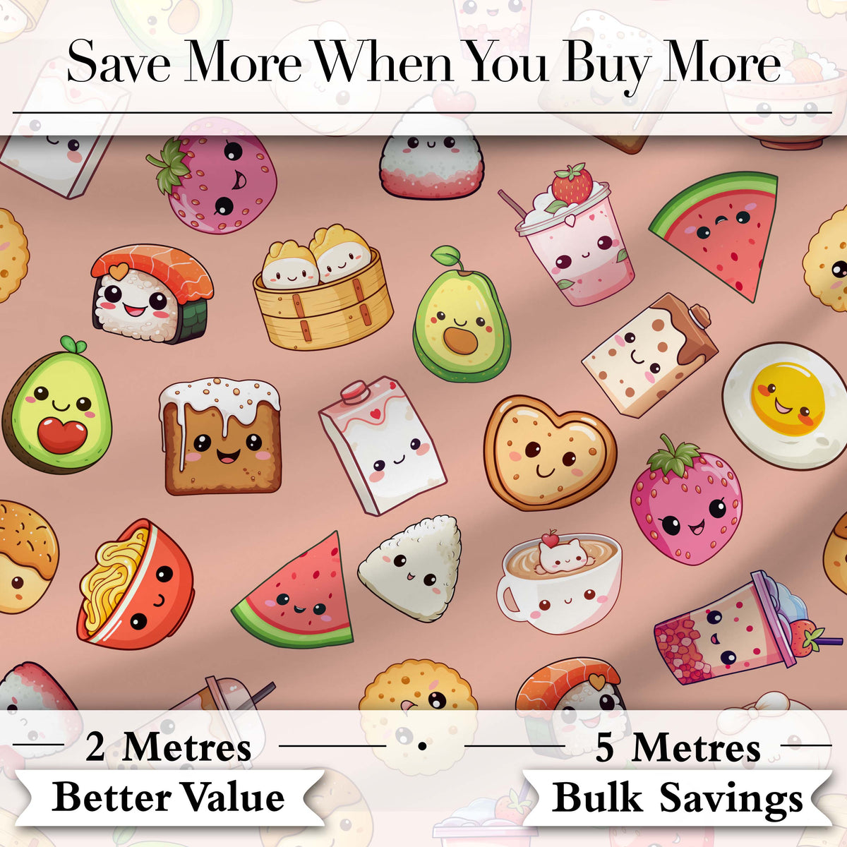 Cute Kawaii Food Characters Seamless Pattern Peach Background Fun Snacks Digital Print Fabric by the Metre UK Sewing Quilting Textile