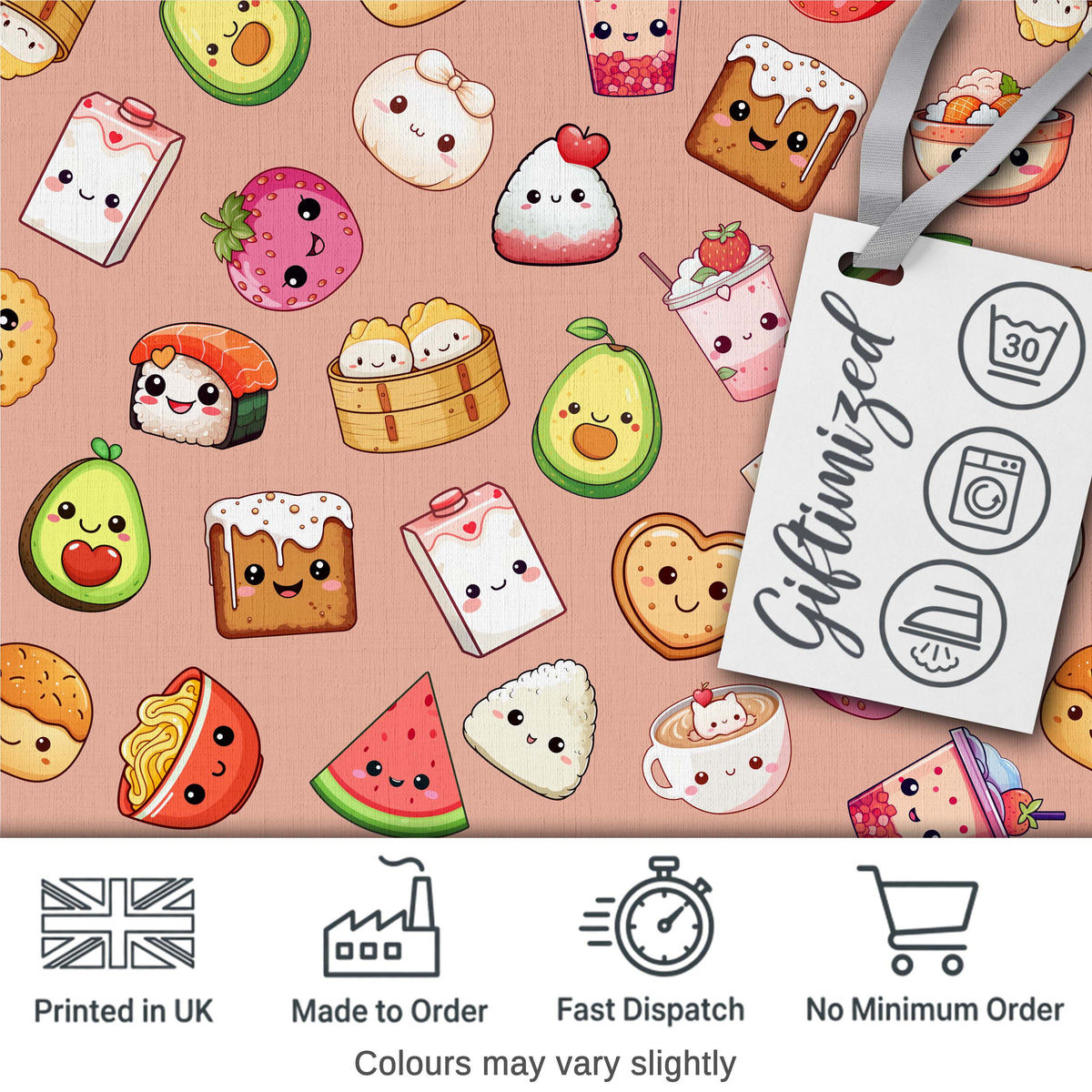 Cute Kawaii Food Characters Seamless Pattern Peach Background Fun Snacks Digital Print Fabric by the Metre UK Sewing Quilting Textile
