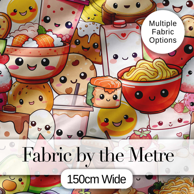 Cute Kawaii Food Characters Seamless Pattern Cream Background Fun Snacks Digital Print Fabric by the Metre UK Sewing Quilting Textile