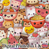 Cute Kawaii Food Characters Seamless Pattern Cream Background Fun Snacks Digital Print Fabric by the Metre UK Sewing Quilting Textile