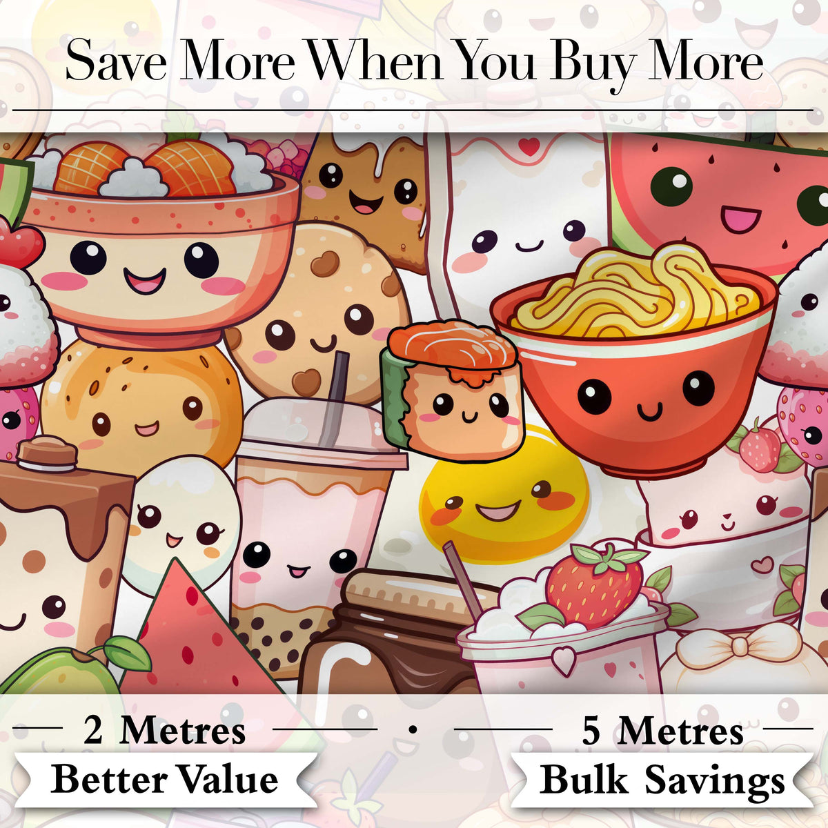 Cute Kawaii Food Characters Seamless Pattern Cream Background Fun Snacks Digital Print Fabric by the Metre UK Sewing Quilting Textile