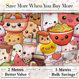Cute Kawaii Food Characters Seamless Pattern Cream Background Fun Snacks Digital Print Fabric by the Metre UK Sewing Quilting Textile