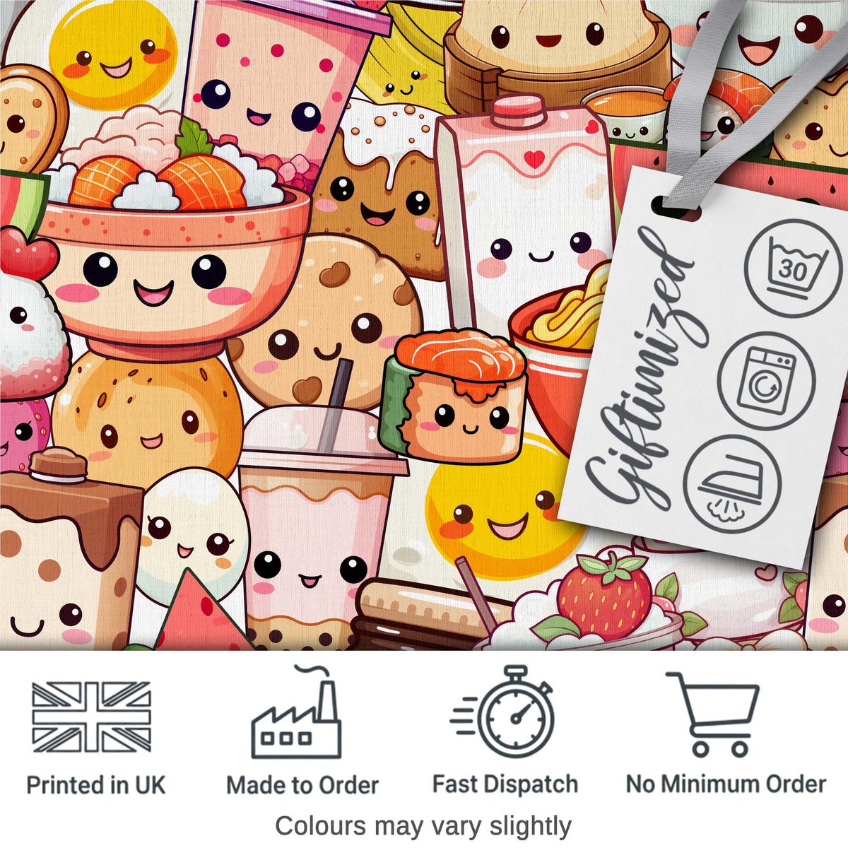 Cute Kawaii Food Characters Seamless Pattern Cream Background Fun Snacks Digital Print Fabric by the Metre UK Sewing Quilting Textile