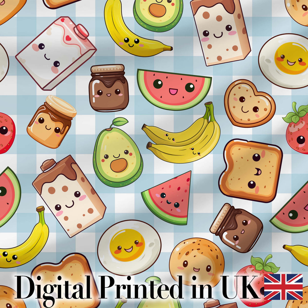 Cute Kawaii Food Collage Pattern Sweet Treats And Drinks Digital Print Fabric by the Metre UK Sewing Quilting Textile