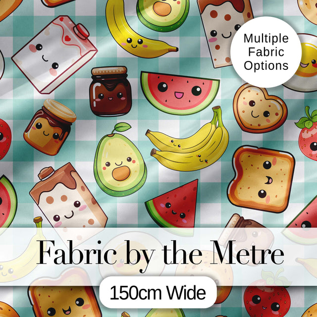 Cute Kawaii Breakfast Food Seamless Pattern Teal Gingham Background Digital Print Fabric by the Metre UK Sewing Quilting Textile