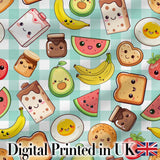 Cute Kawaii Breakfast Food Seamless Pattern Teal Gingham Background Digital Print Fabric by the Metre UK Sewing Quilting Textile