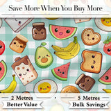Cute Kawaii Breakfast Food Seamless Pattern Teal Gingham Background Digital Print Fabric by the Metre UK Sewing Quilting Textile