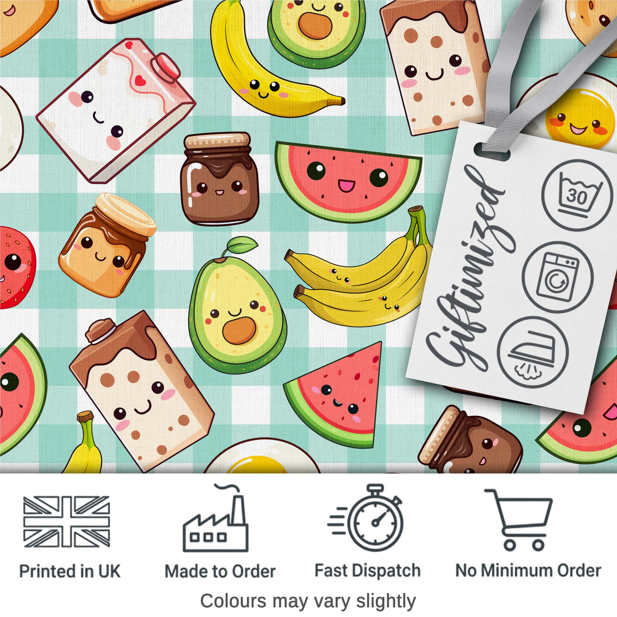 Cute Kawaii Breakfast Food Seamless Pattern Teal Gingham Background Digital Print Fabric by the Metre UK Sewing Quilting Textile