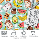 Cute Kawaii Breakfast Food Seamless Pattern Teal Gingham Background Digital Print Fabric by the Metre UK Sewing Quilting Textile