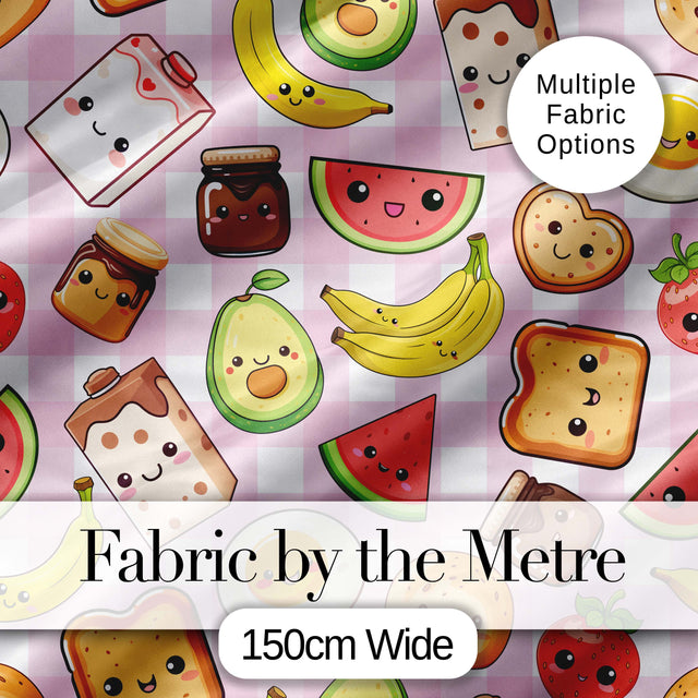 Cute Kawaii Breakfast Food Seamless Pattern Pink Gingham Background Digital Print Fabric by the Metre UK Sewing Quilting Textile