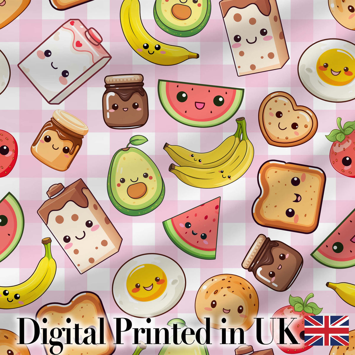 Cute Kawaii Breakfast Food Seamless Pattern Pink Gingham Background Digital Print Fabric by the Metre UK Sewing Quilting Textile