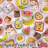 Cute Kawaii Breakfast Food Seamless Pattern Pink Gingham Background Digital Print Fabric by the Metre UK Sewing Quilting Textile