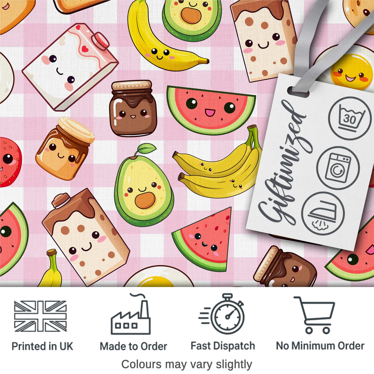 Cute Kawaii Breakfast Food Seamless Pattern Pink Gingham Background Digital Print Fabric by the Metre UK Sewing Quilting Textile